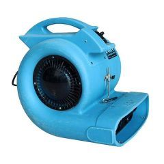 Blue commercial floor fan with a black fan blade.