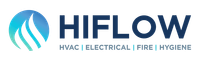 Logo of HiFlow, a company. A blue and green flame-like design is left of the navy blue text. S