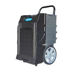 Black and gray portable dehumidifier with wheels and a handle.