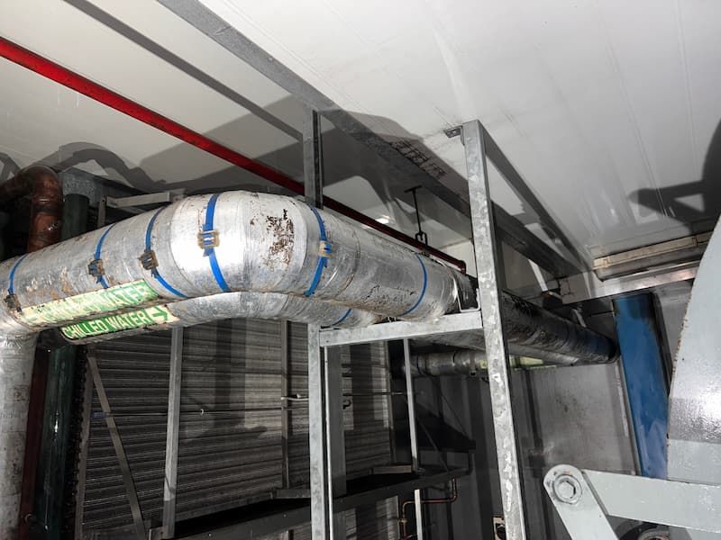 Insulated pipes supported by metal framework in an industrial setting. Red pipe visible overhead.