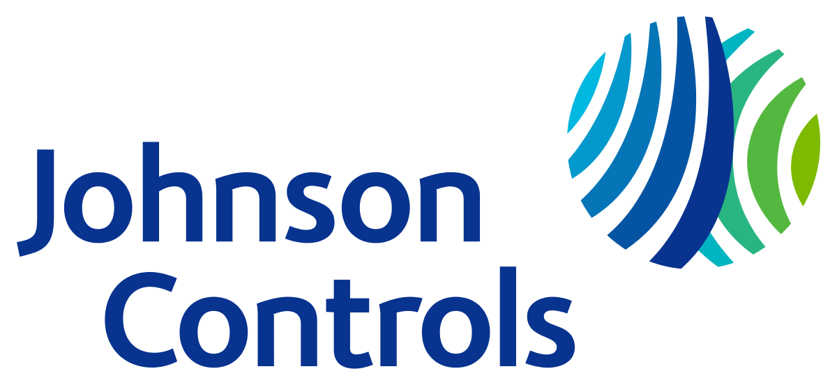 Johnson Controls logo: dark blue text with a stylized globe of blue and green lines.