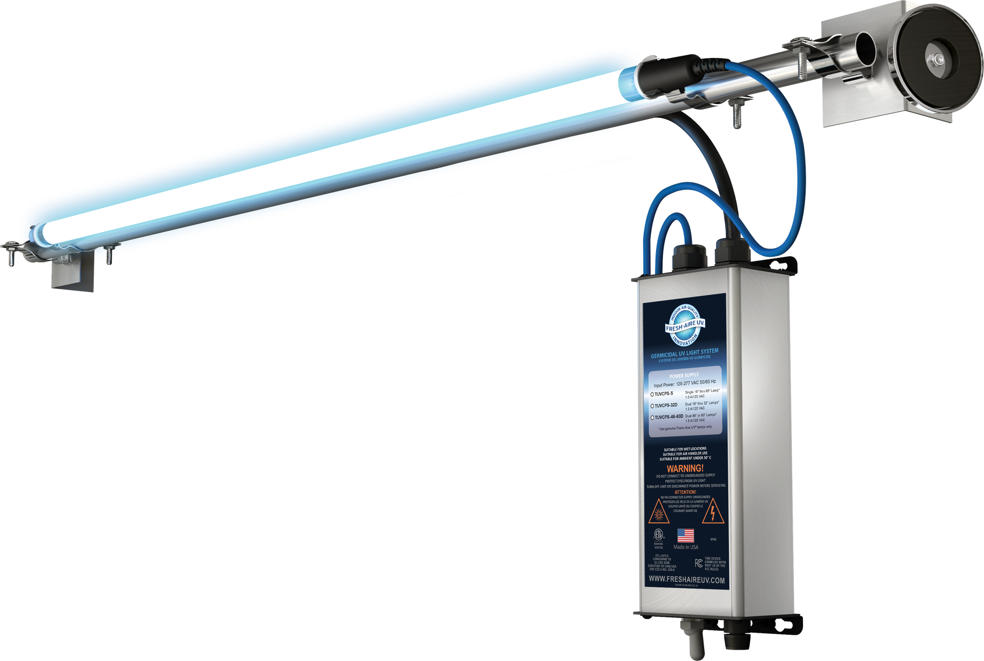 Ultraviolet light air purification system with blue UV tubes, A2L certified.