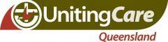 Logo for UnitingCare Queensland: olive-green banner with white text and a circular icon and red accent.