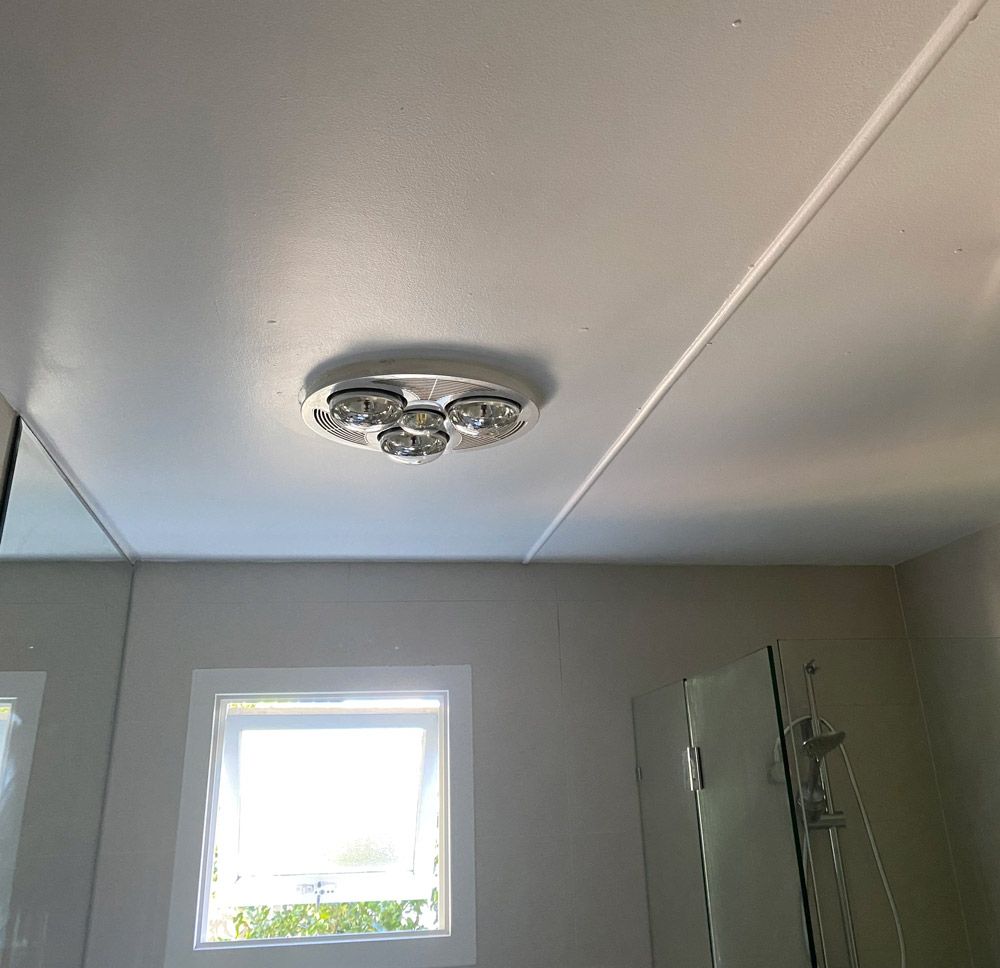 Bathroom ceiling with light fixture, window, and shower visible.