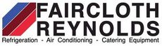 Logo for Faircloth Reynolds: black text, with a blue, red, and maroon angled shape on the left. Services listed below.