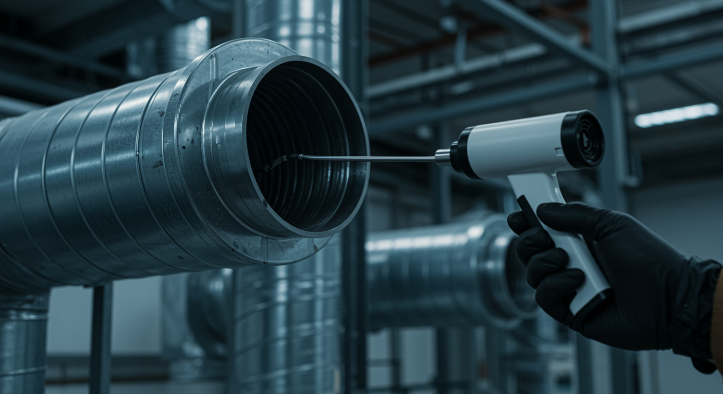 Hand with a black glove inserts a tool into a silver HVAC duct for inspection in an industrial setting.