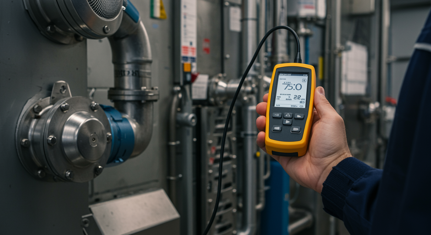 Person using a yellow handheld meter, likely measuring something related to pipes in an industrial setting.