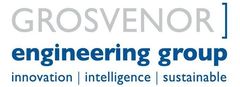 Grosvenor Engineering Group logo. Blue and white text, gray top text, and a bracket. Innovation, intelligence, sustainable.