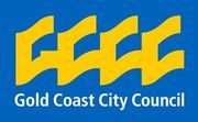 Gold Coast City Council logo: Gold stylized text on blue background.