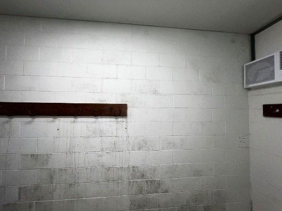 White brick wall with a dark wooden shelf and light-colored ceiling. Spotting on wall, right corner with small air vent.