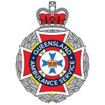 Queensland Ambulance Service emblem. Red cross within a wreath, topped with a crown.