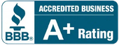 BBB Accredited Business with A+ rating in blue and white.