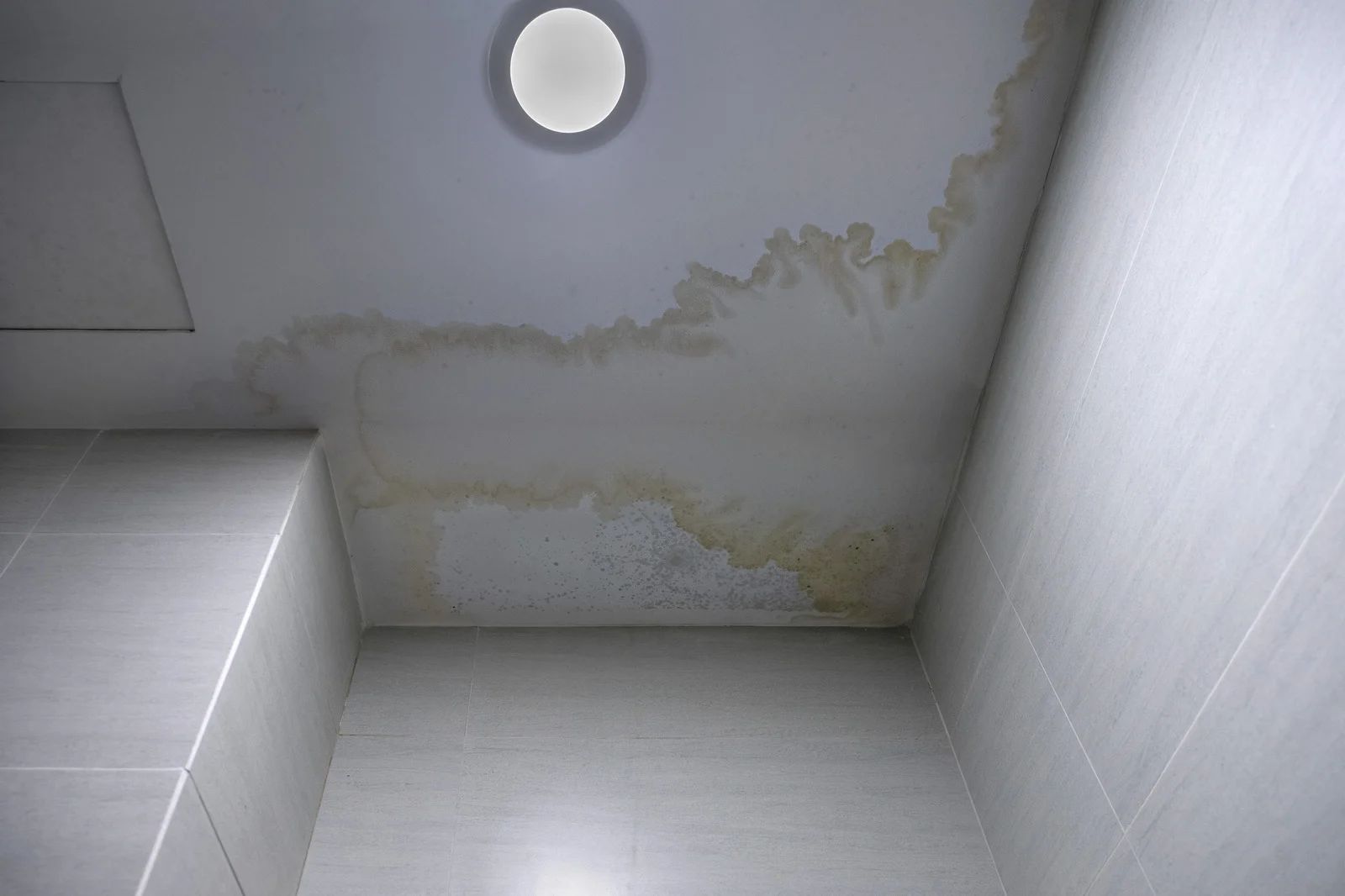 Ceiling corner with water stains and a round light fixture, viewed from below.
