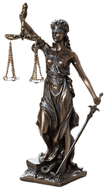 Statua in bronzo della Giustizia con bilancia e spada, in piedi su un piedistallo