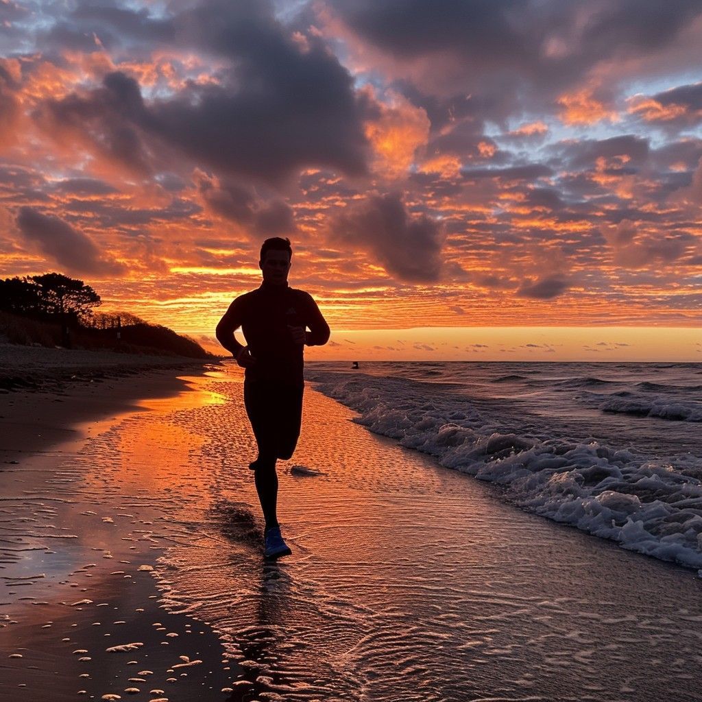 Silhouette of a runner on a beach at sunset, with orange clouds and waves along the shoreline