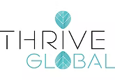 Thrive Global logo with black and teal text and a teal leaf icon above the wordmark