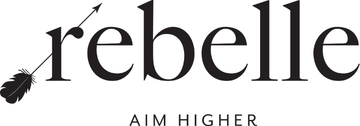 Rebelle logo with black lowercase wordmark and “AIM HIGHER” tagline underneath