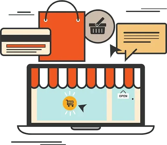 An illustration of a laptop with a shopping cart on the screen.