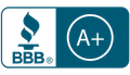A blue bbb logo with a flame and a plus sign