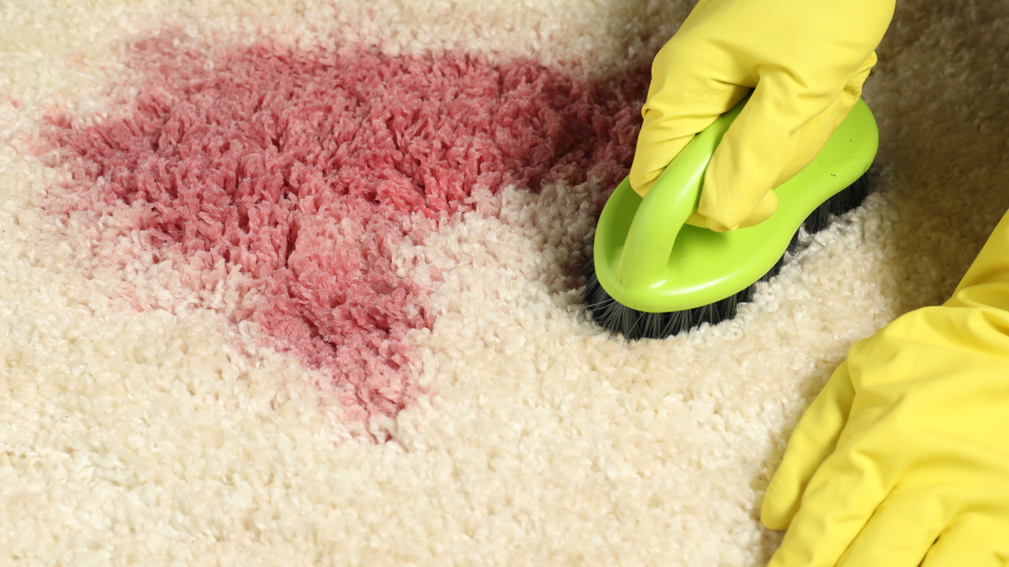 Yellow-gloved hands scrub a red stain from a white carpet with a green brush.