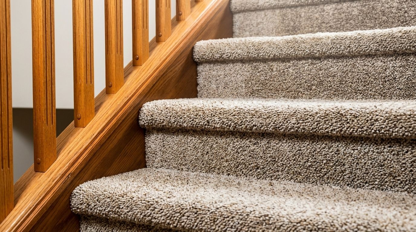 Carpeted wooden staircase with tan steps and a polished wood railing indoors