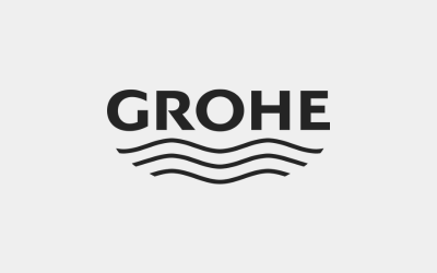 Een zwart-wit logo voor grohe met golven op een witte achtergrond.