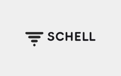 Een zwart-wit logo voor schell op een witte achtergrond.