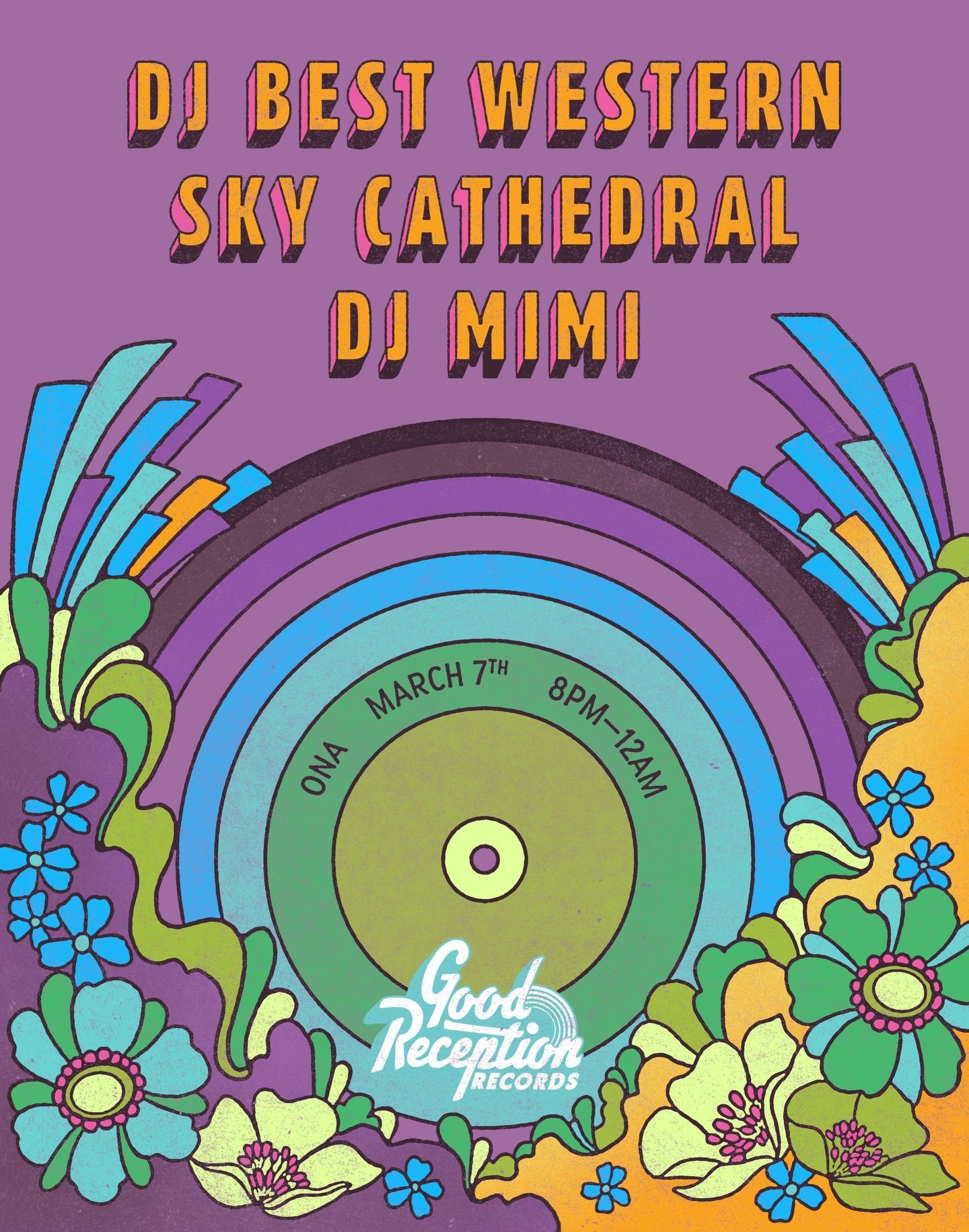 Retro poster for DJ Best Western, Sky Cathedral, and DJ Mimi with colorful rainbow and flower design