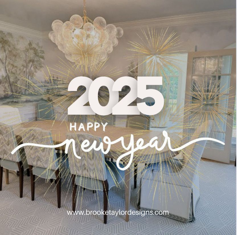 2025 Happy New Year text over a bright dining room with gold starburst decor