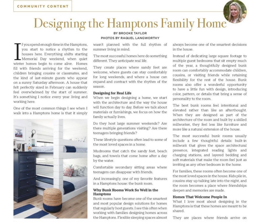 Magazine article page titled “Designing the Hamptons Family Home” with text columns and interior photos