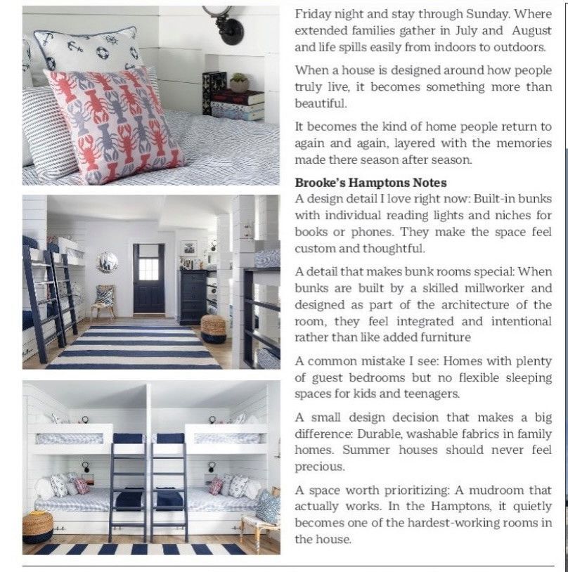 Magazine page showing bunk beds, a bedroom, and text about Brooke's Hamptons Home.