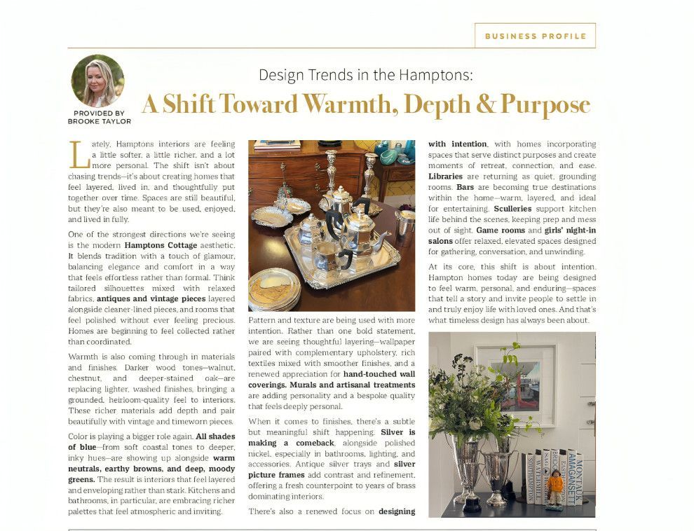 Magazine article spread about interior design, with photos of a table setting and a decorated room with flowers.