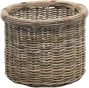 Round woven wicker basket with a gray-brown finish and open top