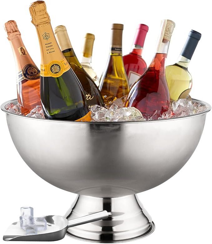Silver champagne bucket with assorted wine and sparkling bottles in ice