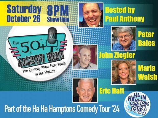 Comedy show flyer for Saturday, October 26 at 8 PM with five featured performers and host Paul Anthony