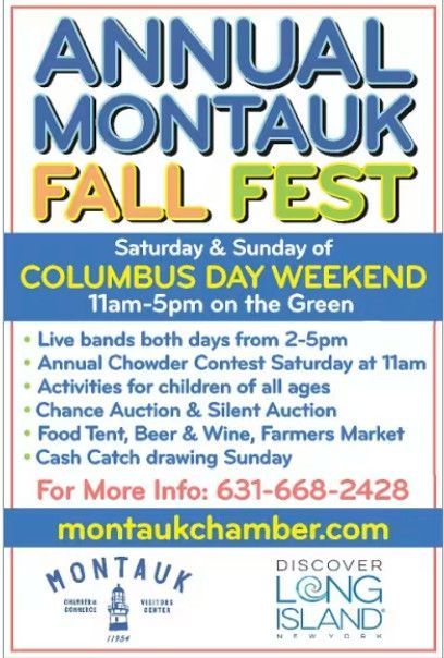Annual Montauk Fall Fest poster for Columbus Day weekend with event details, live bands, food, and activities.