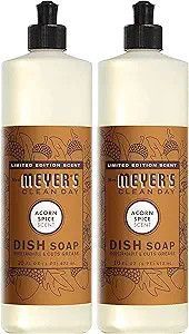 Two bottles of Mrs. Meyer’s Clean Day Acorn Spice dish soap with black pumps