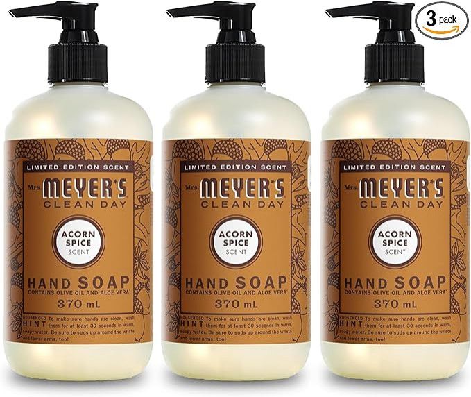 Three Meyer's Clean Day hand soap bottles with black pumps, Apple Spice scent, 370 mL each