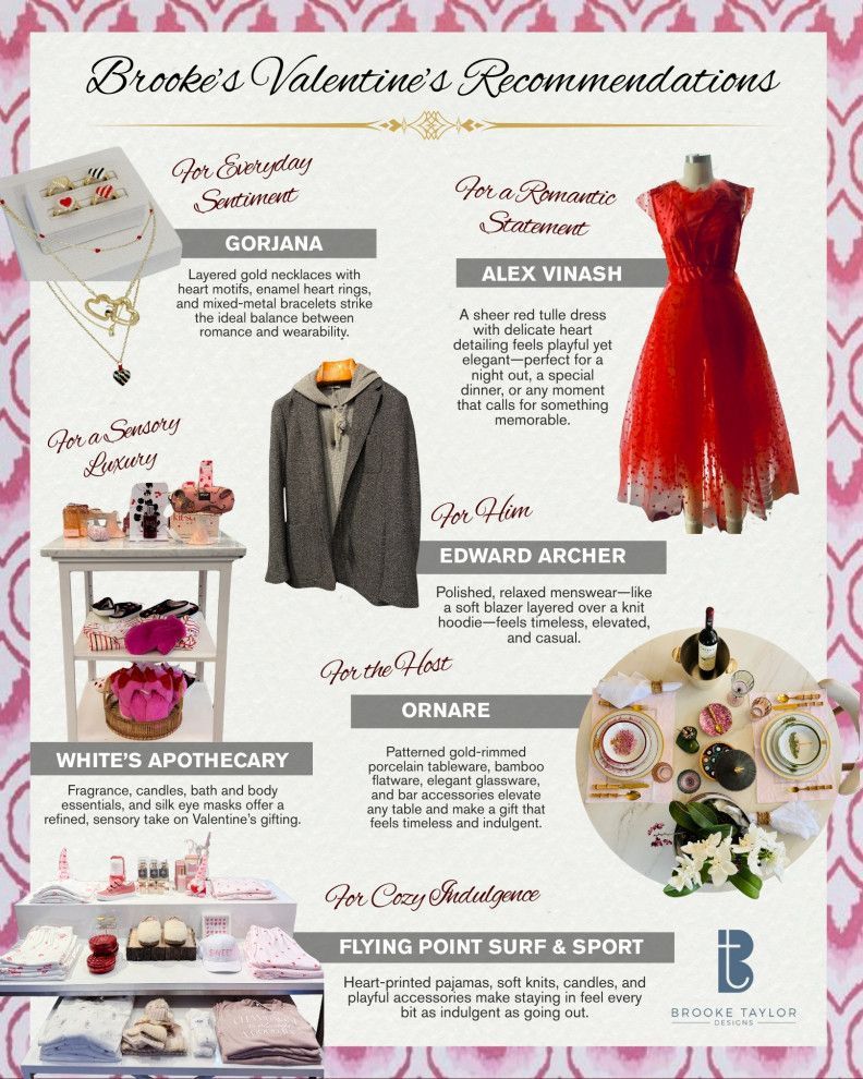 Valentine’s recommendations collage with product images: jewelry, coat, red dress, apothecary items, and accessories