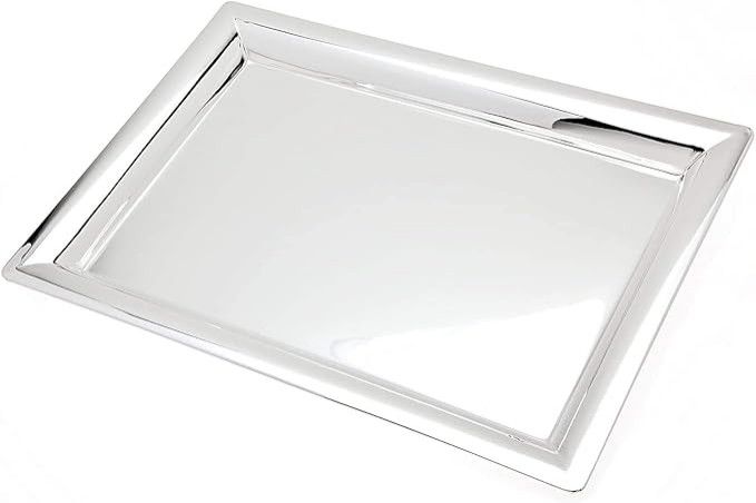 White rectangular serving tray with a clear lid and silver trim on a white background