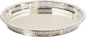 Silver oval serving tray with ornate scalloped edge and reflective surface