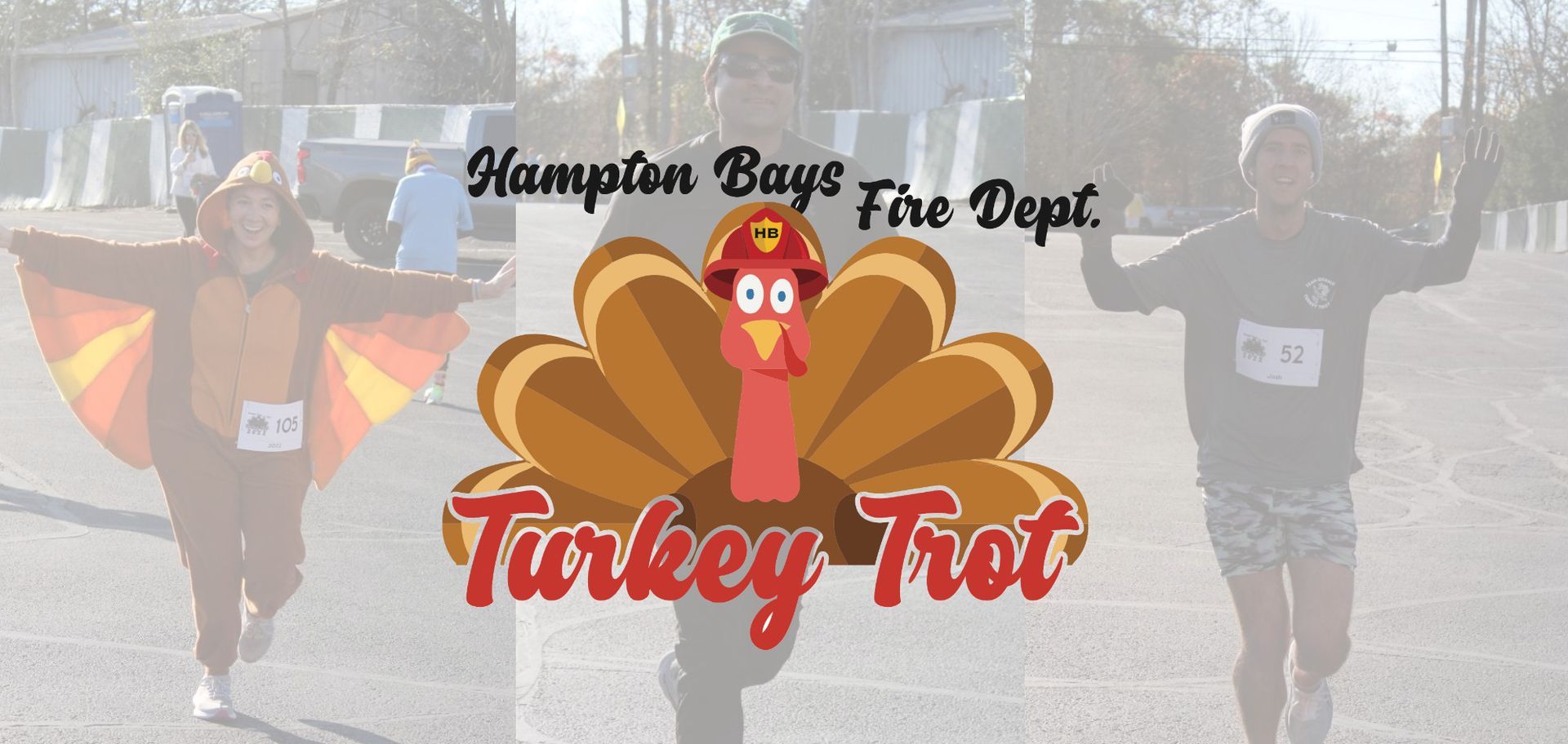 Hamptontown Bay Fire Dept. Turkey Trot logo over faded runners in the background