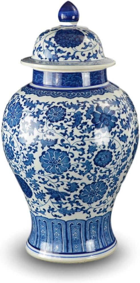Blue and white porcelain lidded vase with floral pattern