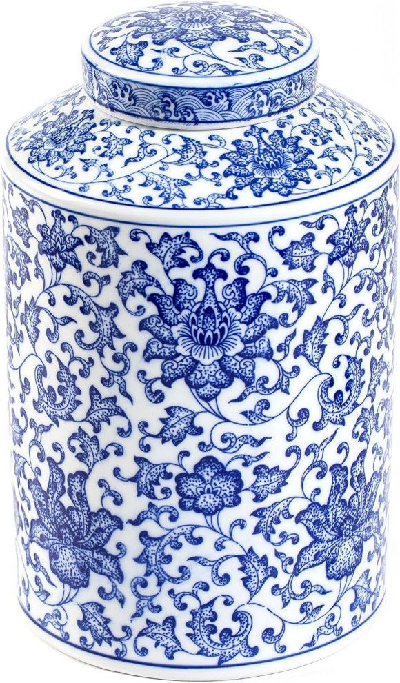 Blue and white porcelain jar with lid and intricate floral patterns