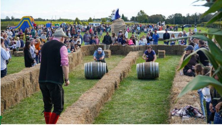 People racing in metal barrels on a grassy course at an outdoor festival, with spectators lining both sides.