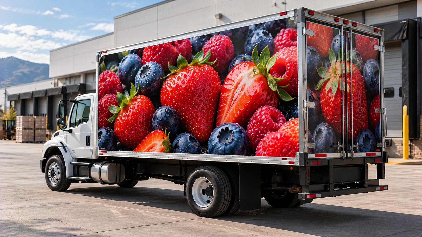 White box truck with large berry graphics parked outside a building