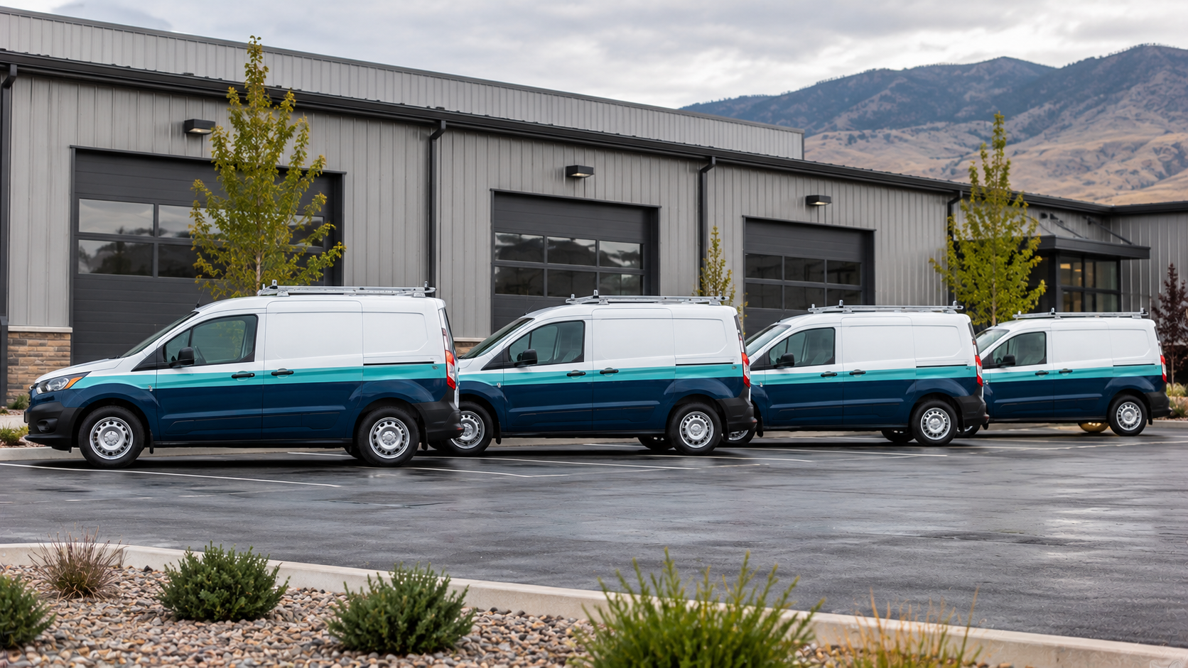 Four teal-and-white utility vans parked in front of an industrial building on a wet lot.