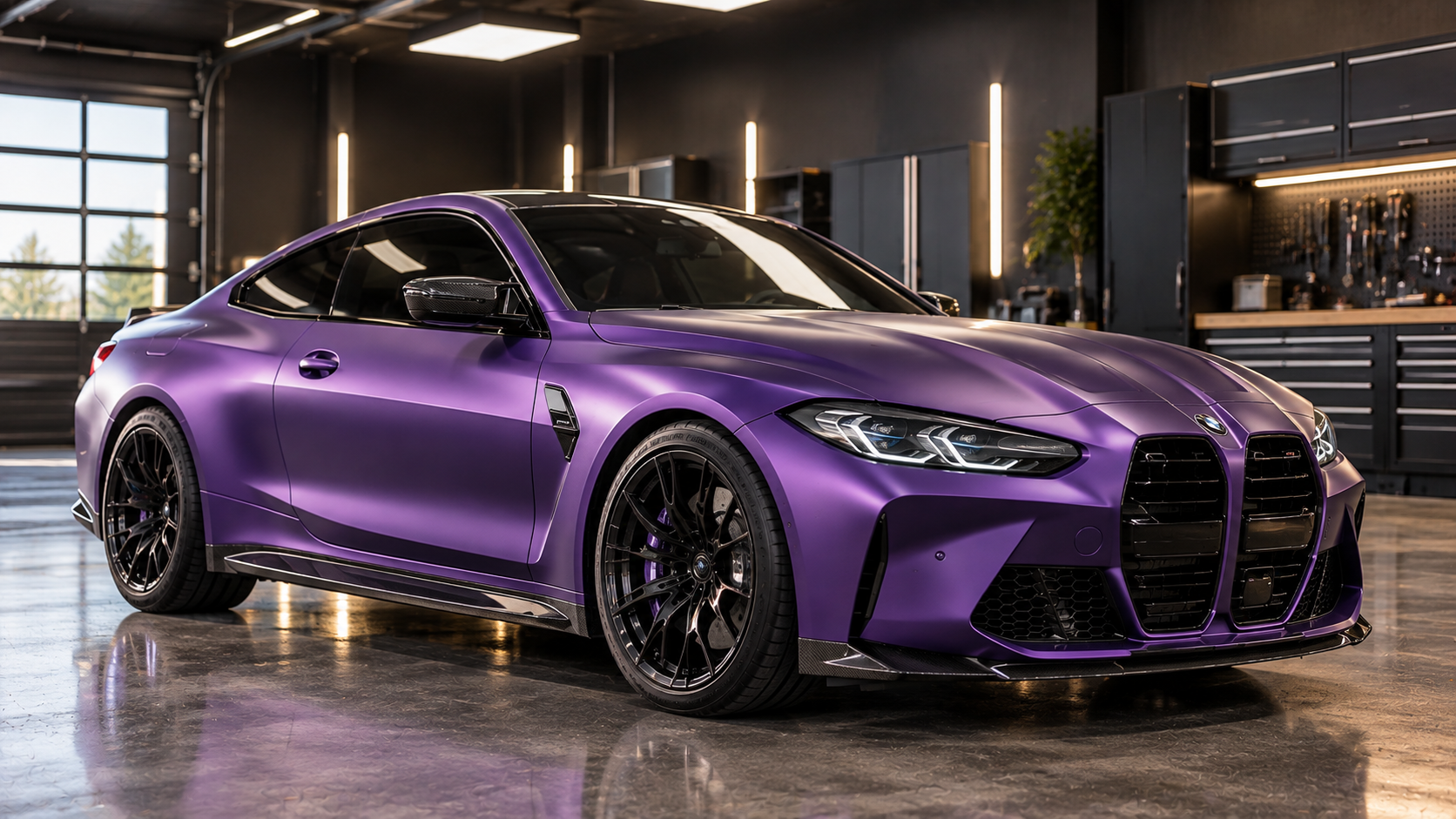 Purple sports car in a sleek showroom with glossy floor and warm lighting