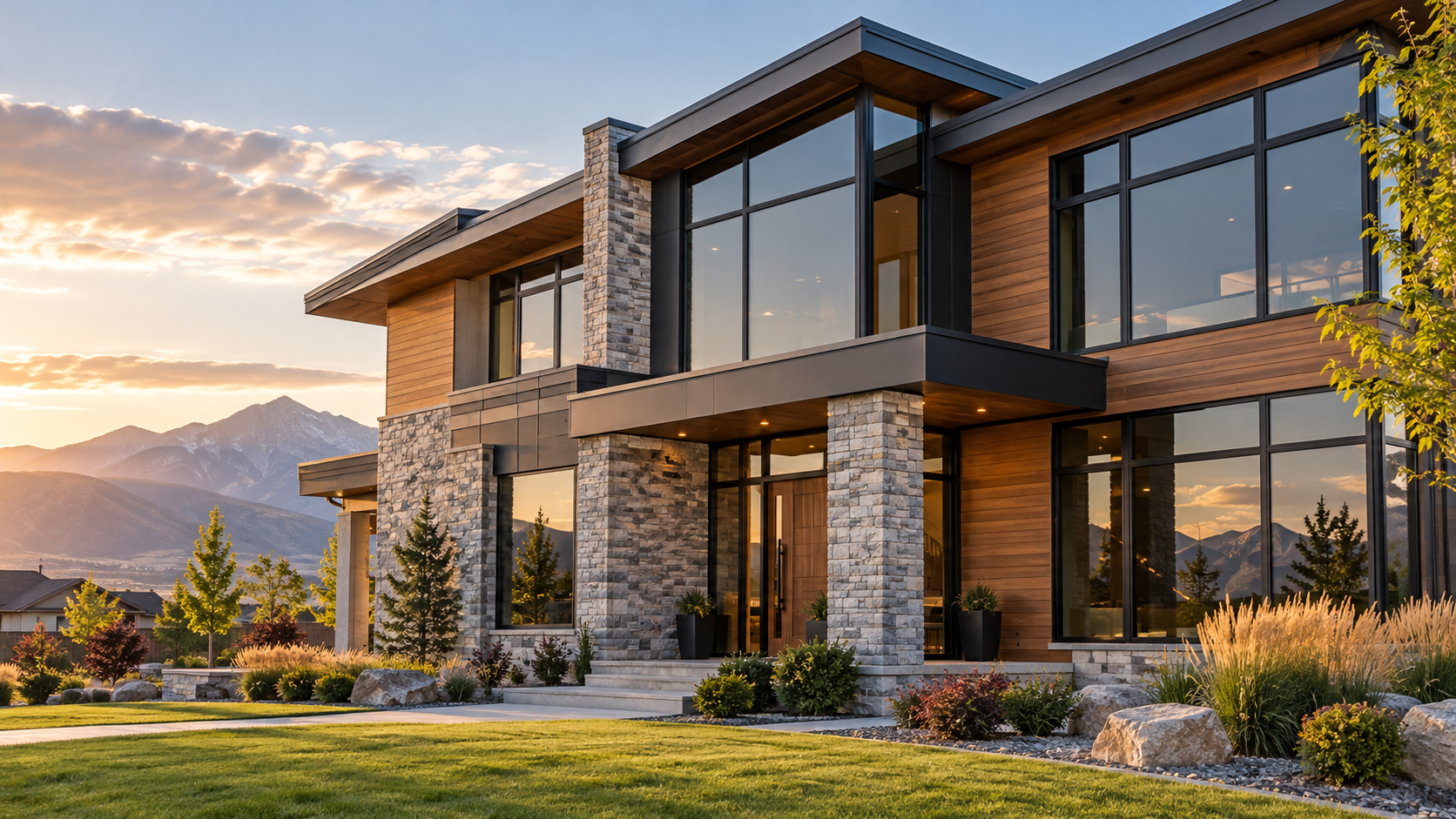 Modern two-story stone and wood house at sunset with large windows and mountain views