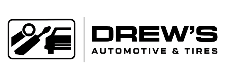 Drew’s Automotive logo with red and black text over a red car silhouette
